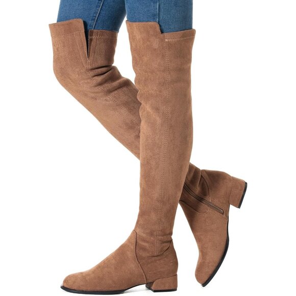 Women Brown/1 Inch Heel Faux Suede Over The Knee Thigh High Low Block Heel Boot - Picture 4 of 6